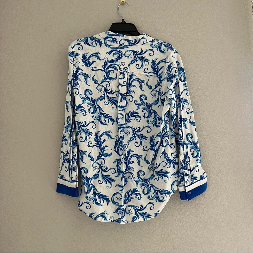 Investment Linen Button Down Shirt Blue White Scroll Print NWT Size L - Picture 3 of 8